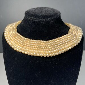 Vintage Faux Pearl Collar Bib Necklace 12" Satin Lined Cream Graduated Statement